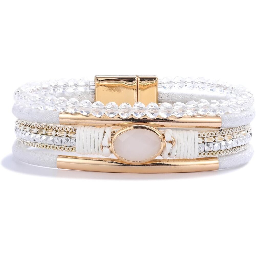 Leather Wrap Bracelet Crystal Beads Boho Cuff Gemstone Jewelry for Women